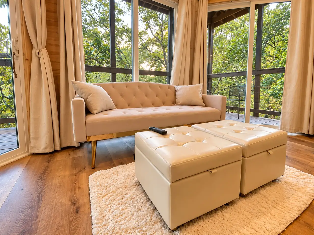 Living room with loveseat and veranda views