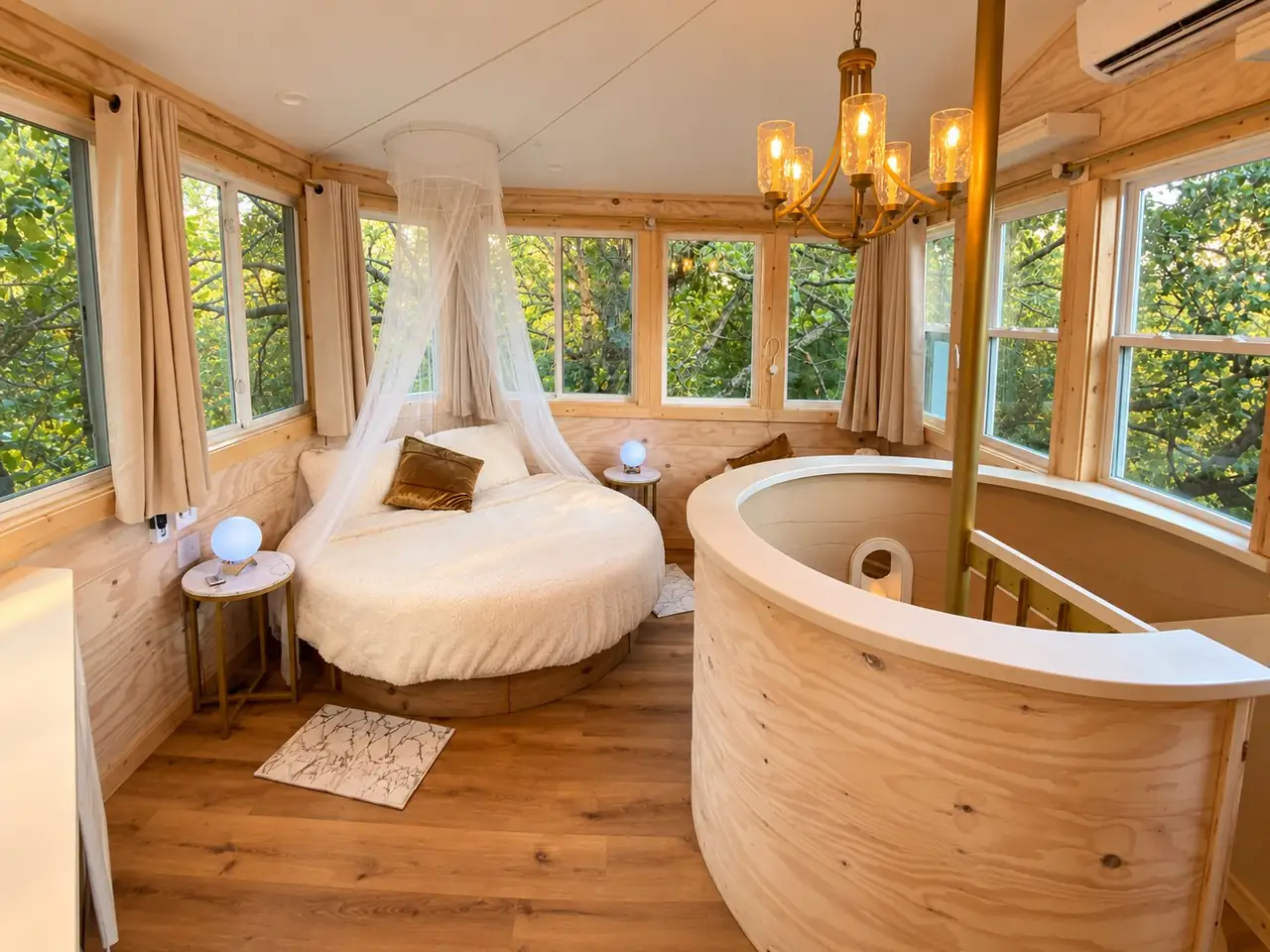 Round canopy bed under a candle chandelier, surrounded by treetop windows